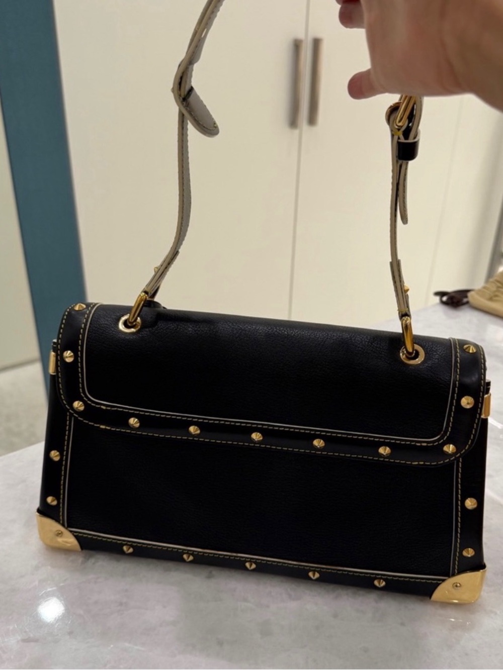Louis Vuitton Black Leather Crossbody with Gold Hardware and Stud Accents - Picture 4 of 6